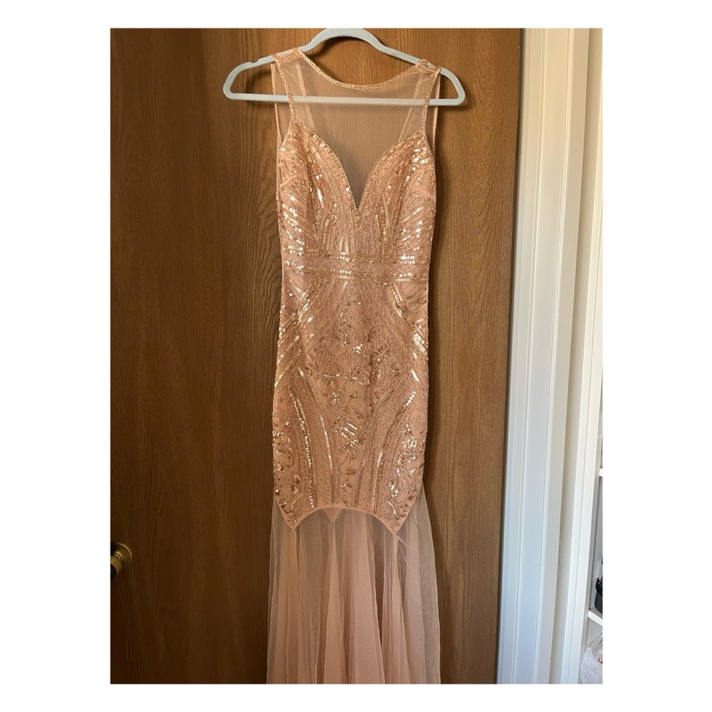 Sequin Peach Gown with Sheer Skirt